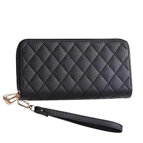 Black Quilted Tassel Gold Decor Zipper Around Wallet - Picture 1 of 5